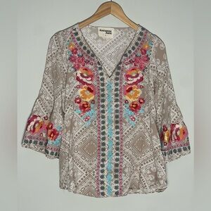 Savanna Jane | Embroidered Paisley Boho Bell Sleeve Top Size Small Festival